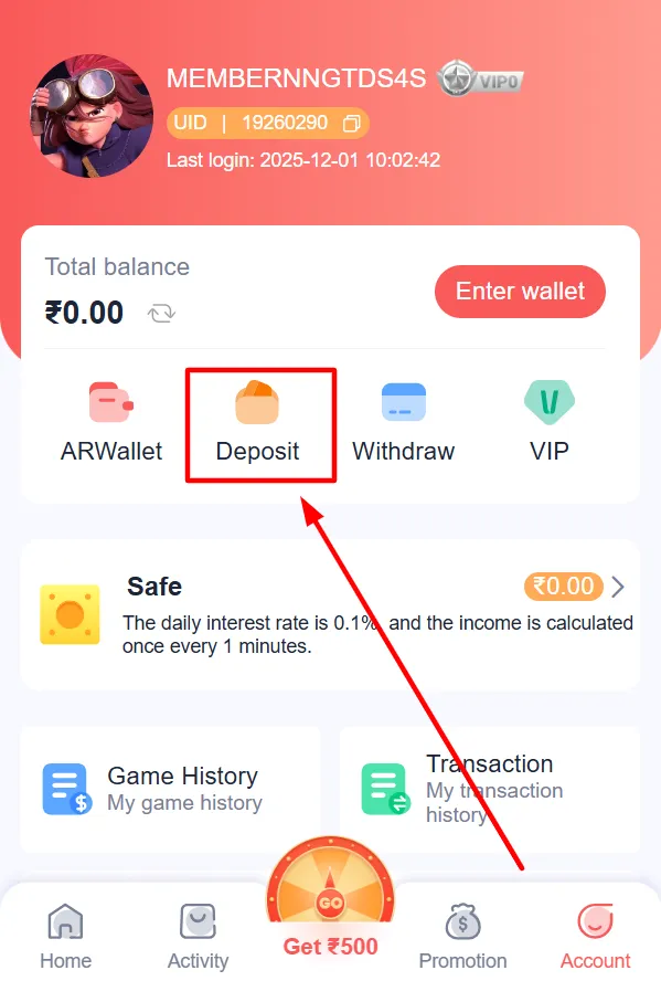 Account menu displaying Deposit option selected